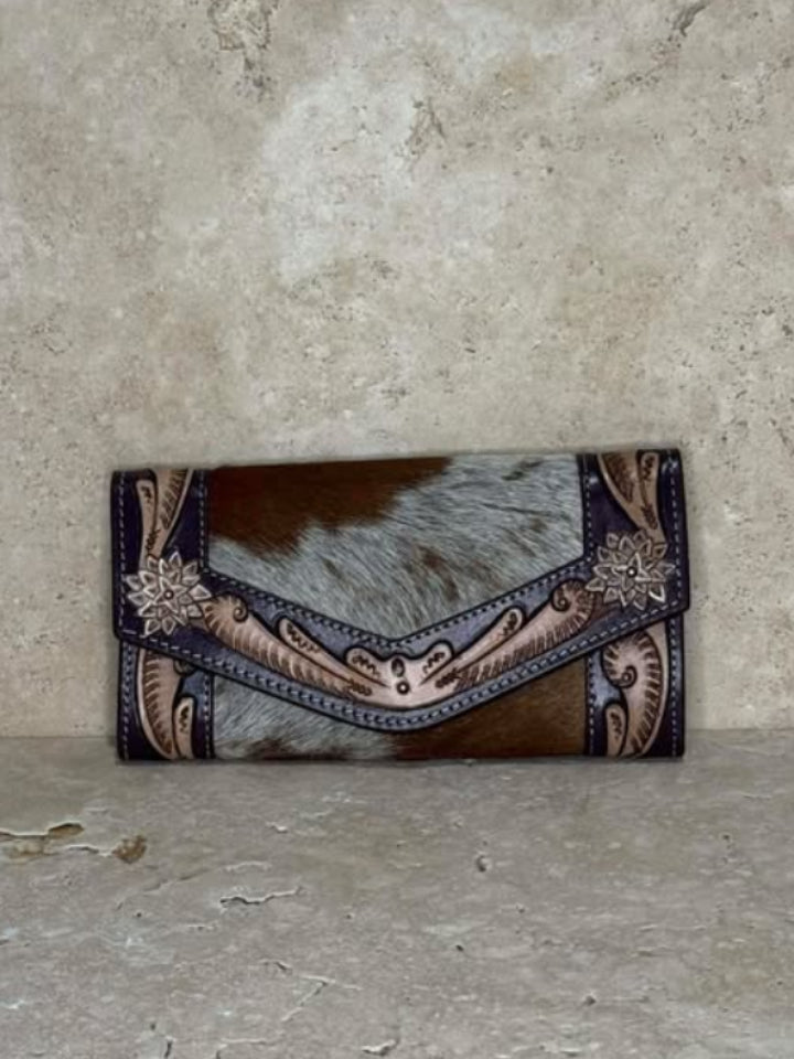 Tooled Brown & White Cowhide Leather Purse