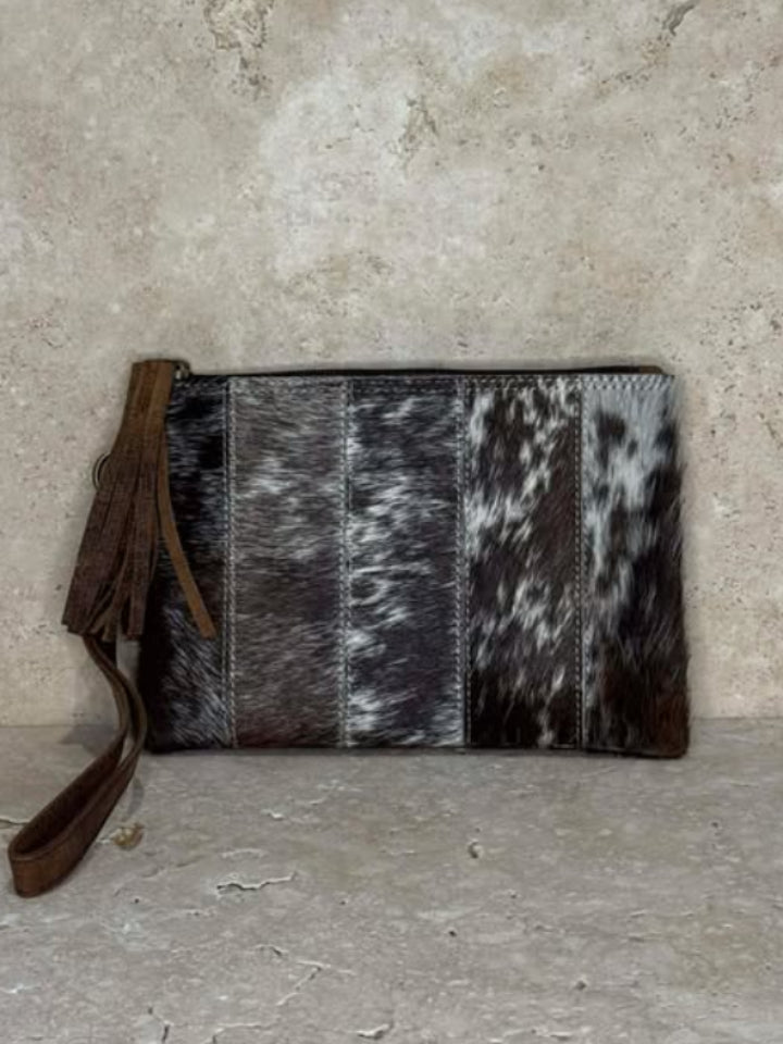 Cowhide Leather Satchel Clutch with Wrist Strap