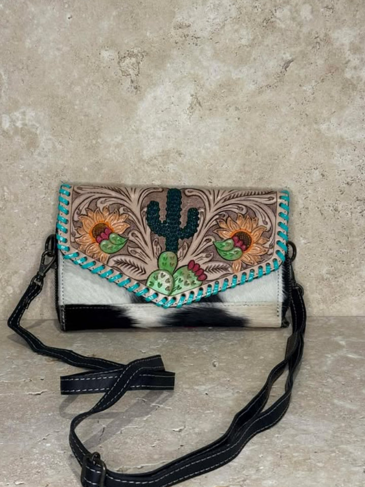 Floral Tooled Handbag With Catus Centre Piece