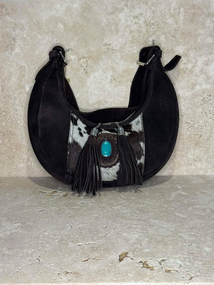 Brown & White Cowhide Moon shape Leather Bag with Turquoise Stone