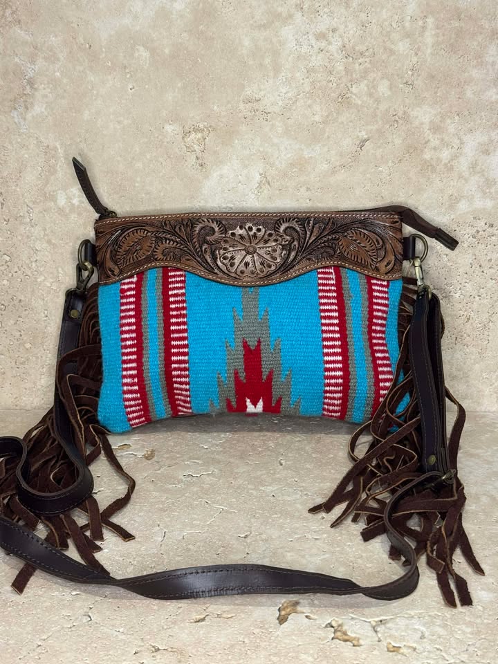 Aztec Saddle Blanket Handbag with Tooling and Tassels Blue
