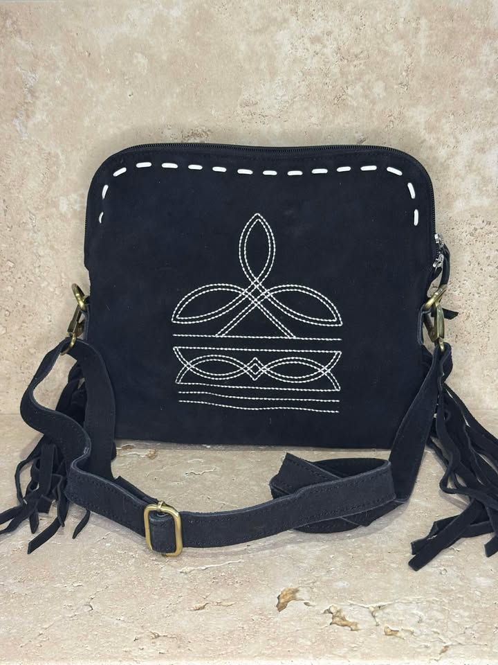 Boot Stitch Black Leather Bag with tassels