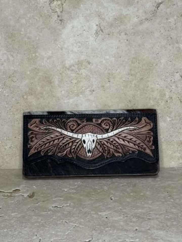 Tooled Leather Cow Skull Cowhide Wallet