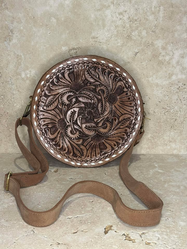 Medium Round Tooled Leather Hand Bag