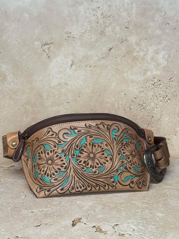 Floral Tooled Bum Bag With A Splash Of Blue