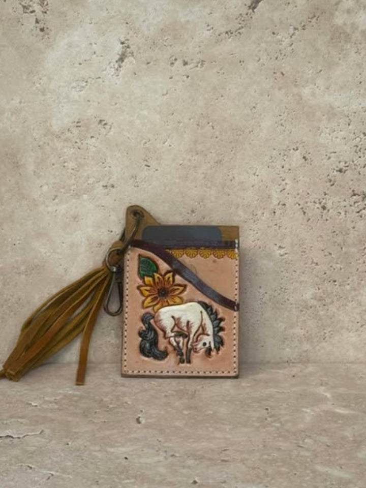 Floral White Horse Tooled Card Holder