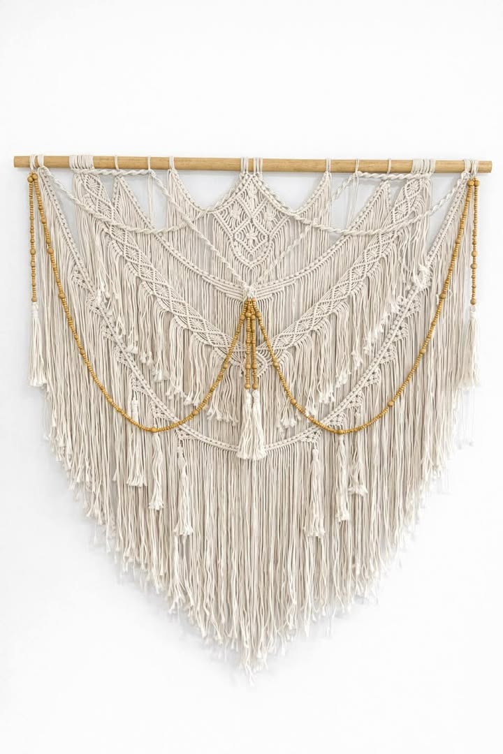 Beaded Large Handcrafted Macrame Neutral Off White