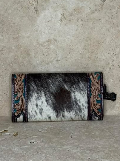 Black & White Tooled Cowhide Leather Clutch with Wrist Strap