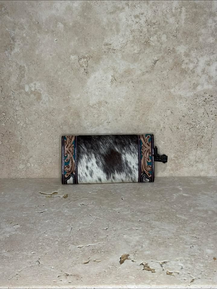 Black & White Tooled Cowhide Leather Clutch with Wrist Strap