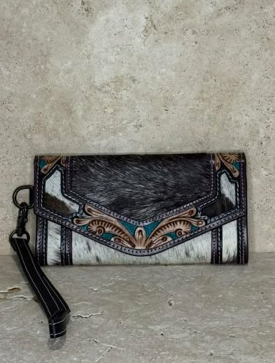 Black & White Tooled Cowhide Leather Clutch with Wrist Strap