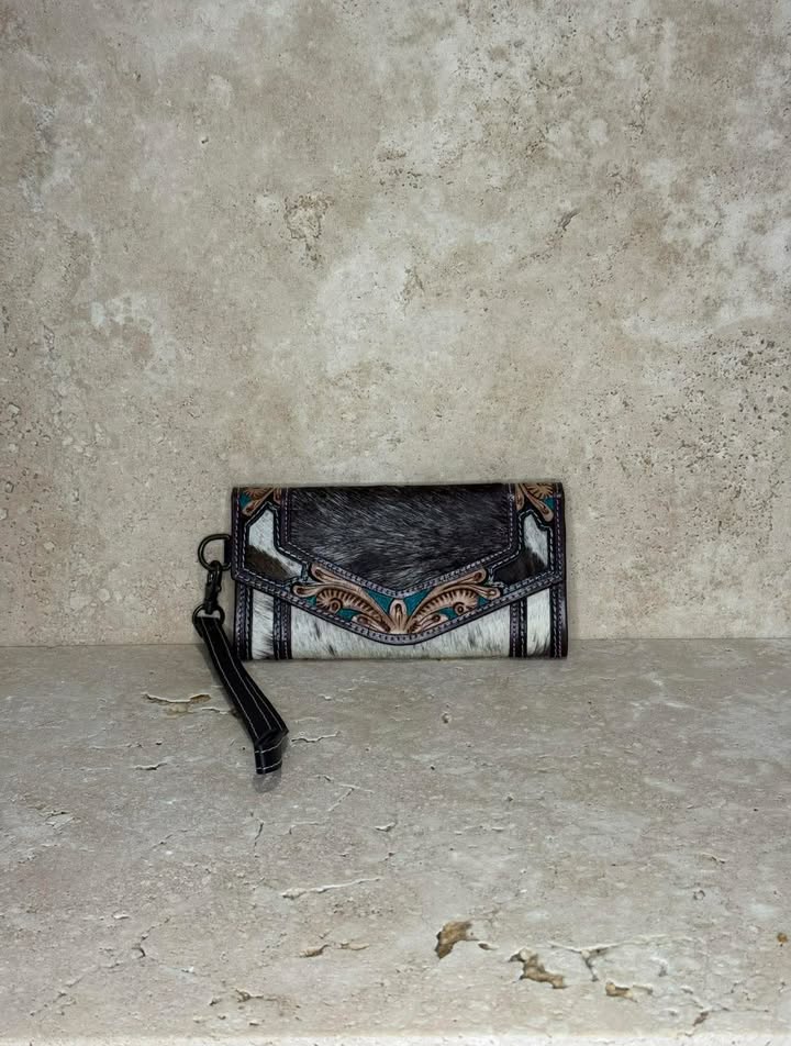 Black & White Tooled Cowhide Leather Clutch with Wrist Strap