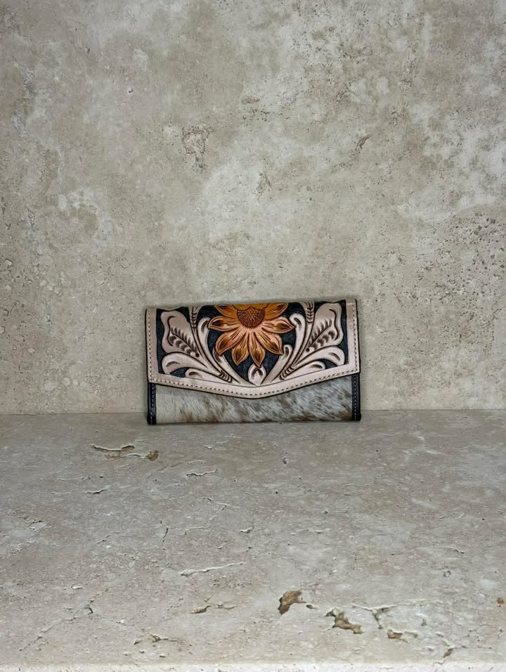 Sunflower Tooled & Cowhide Leather Clutch