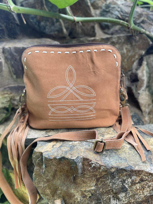 Boot Stitch Tan Leather Bag with tassels