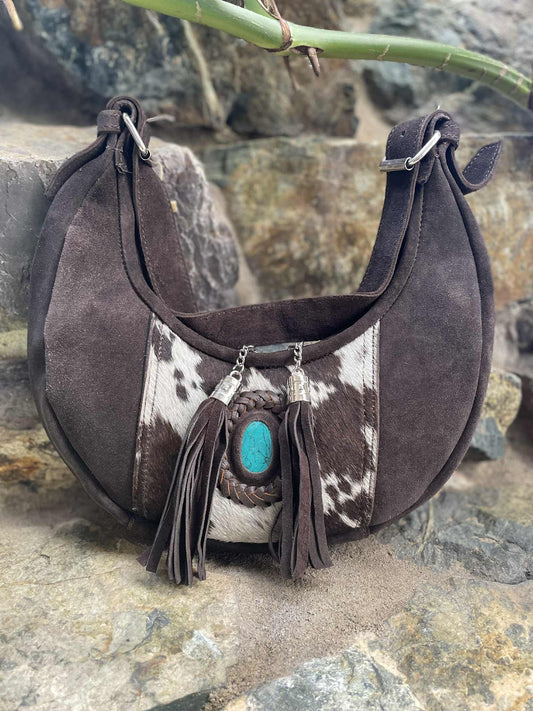 Brown & White Cowhide Moon shape Leather Bag with Turquoise Stone