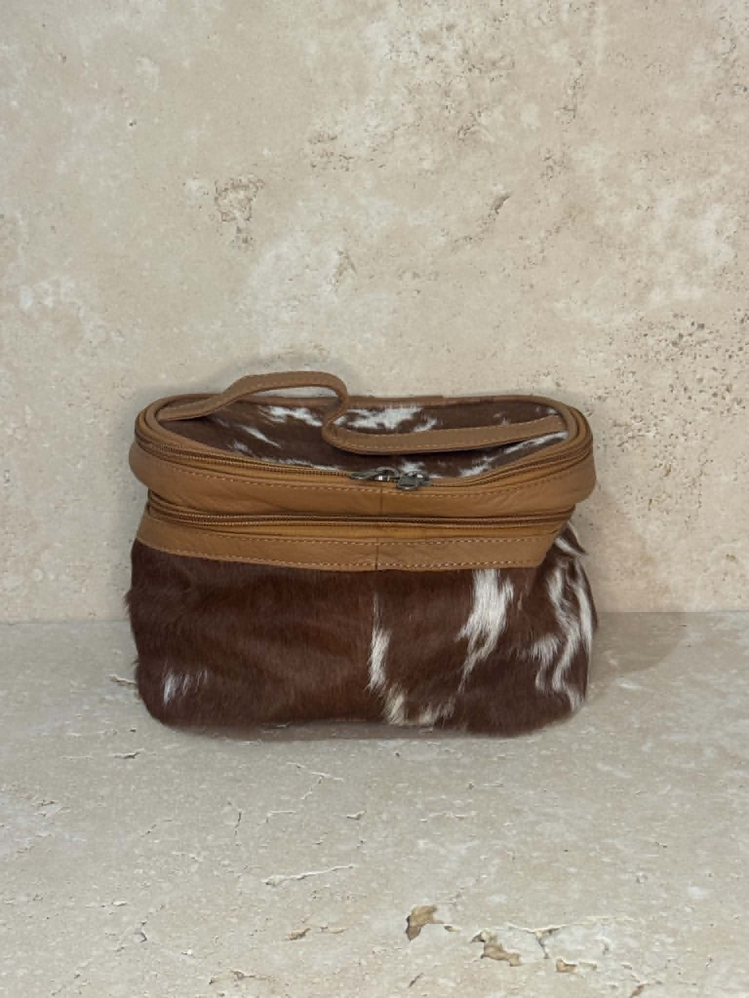 Brown And White Cowhide Dual Compartments Toiletry Bag