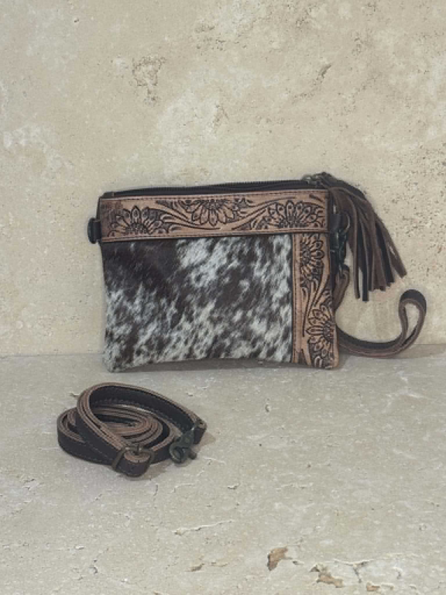 Brown And White Cowhide Floral Tooled Leather Handbag