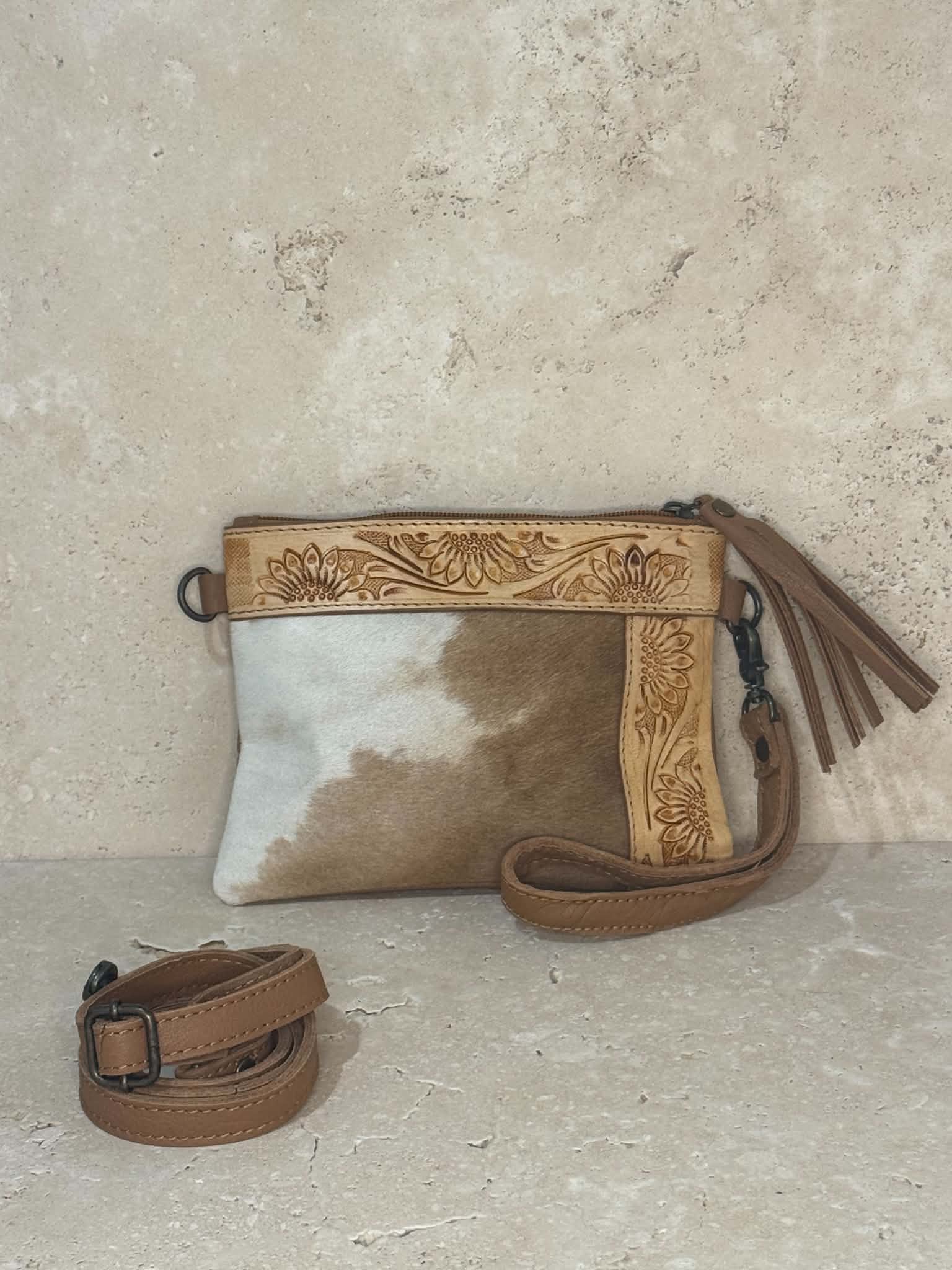 Tan And White Cowhide Floral Tooled Leather Handbag