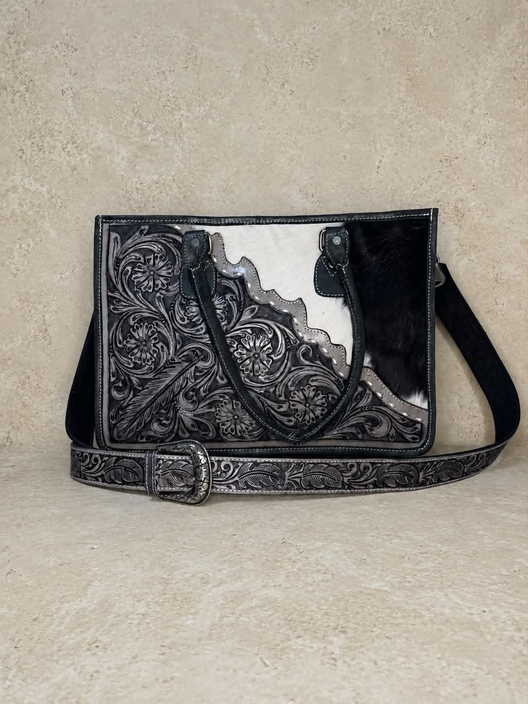 Diagonal Black & White Tooled Leather & Cowhide Tote