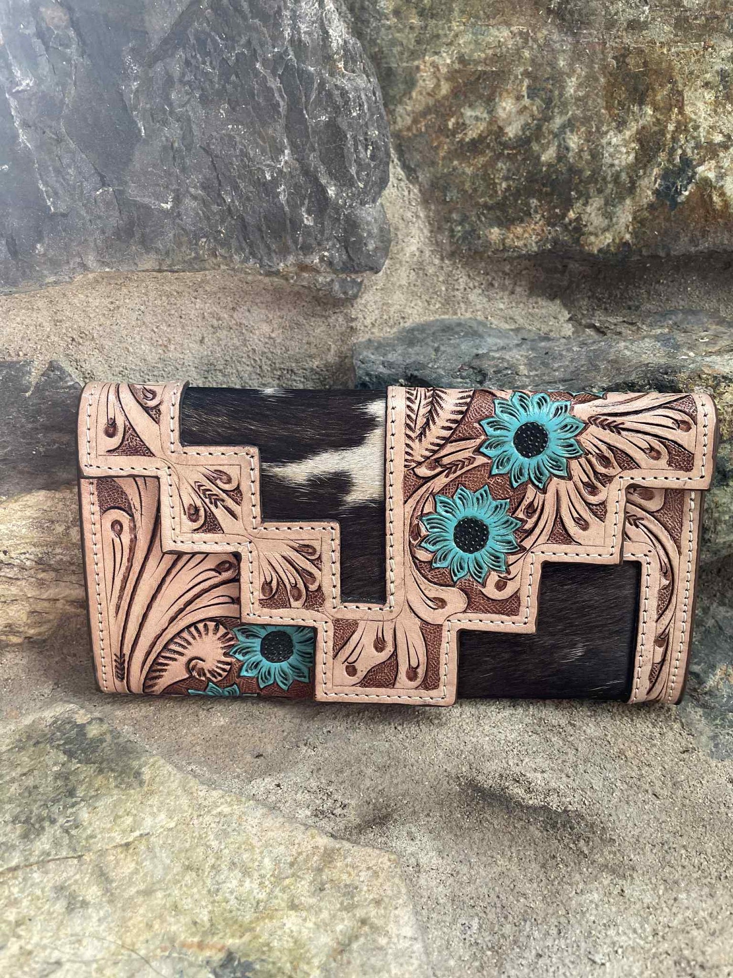 Turquoise Geometric Tooled Black & White Cowhide Leather Clutch