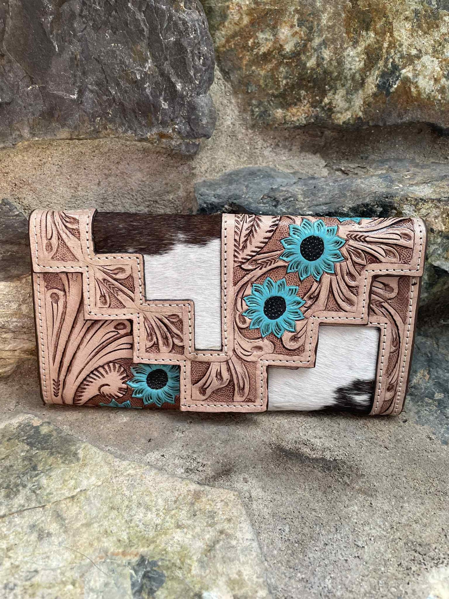 Turquoise Geometric Tooled Black & White Cowhide Leather Clutch