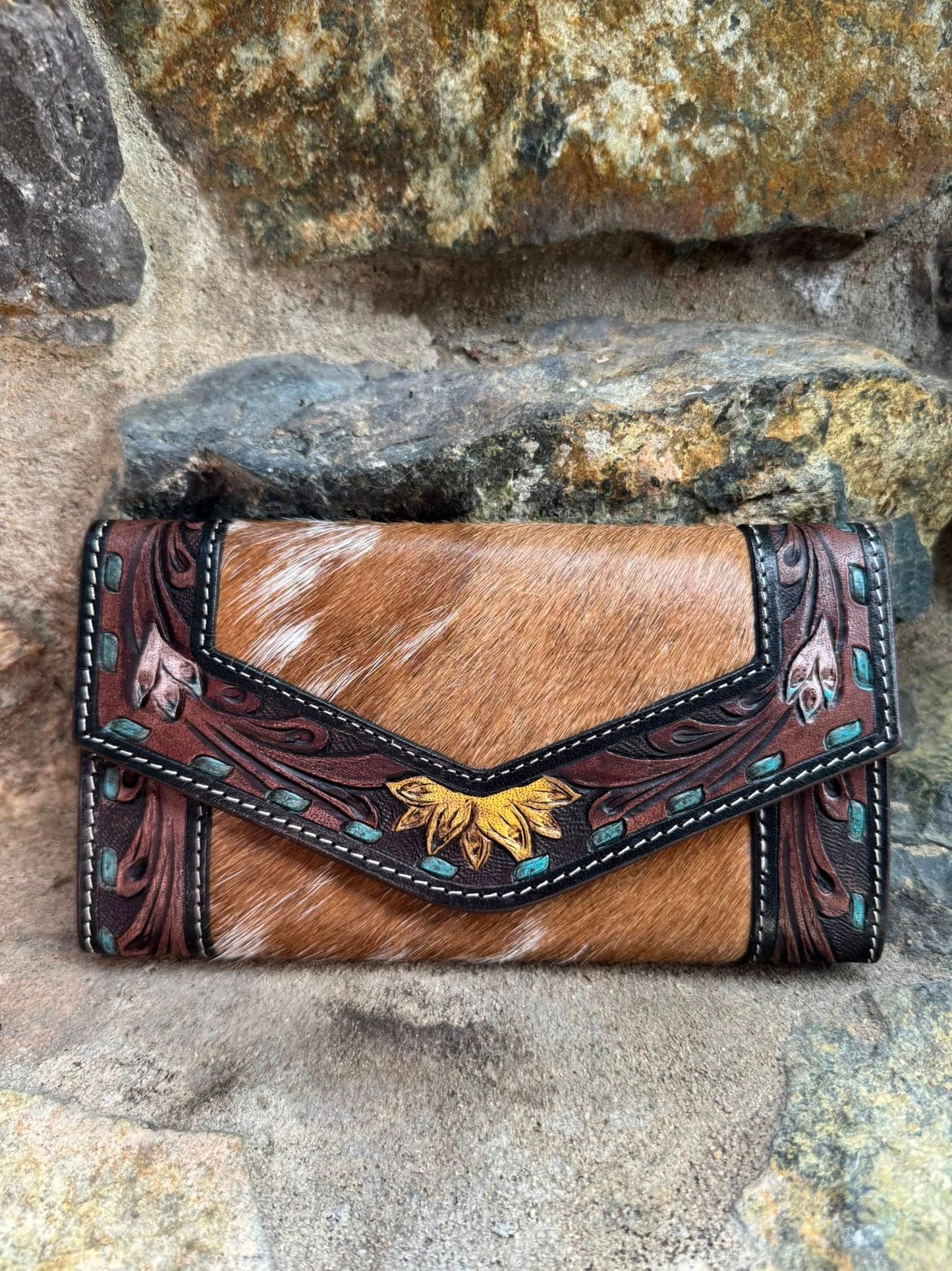 Tooled Brown & White Cowhide Leather Purse