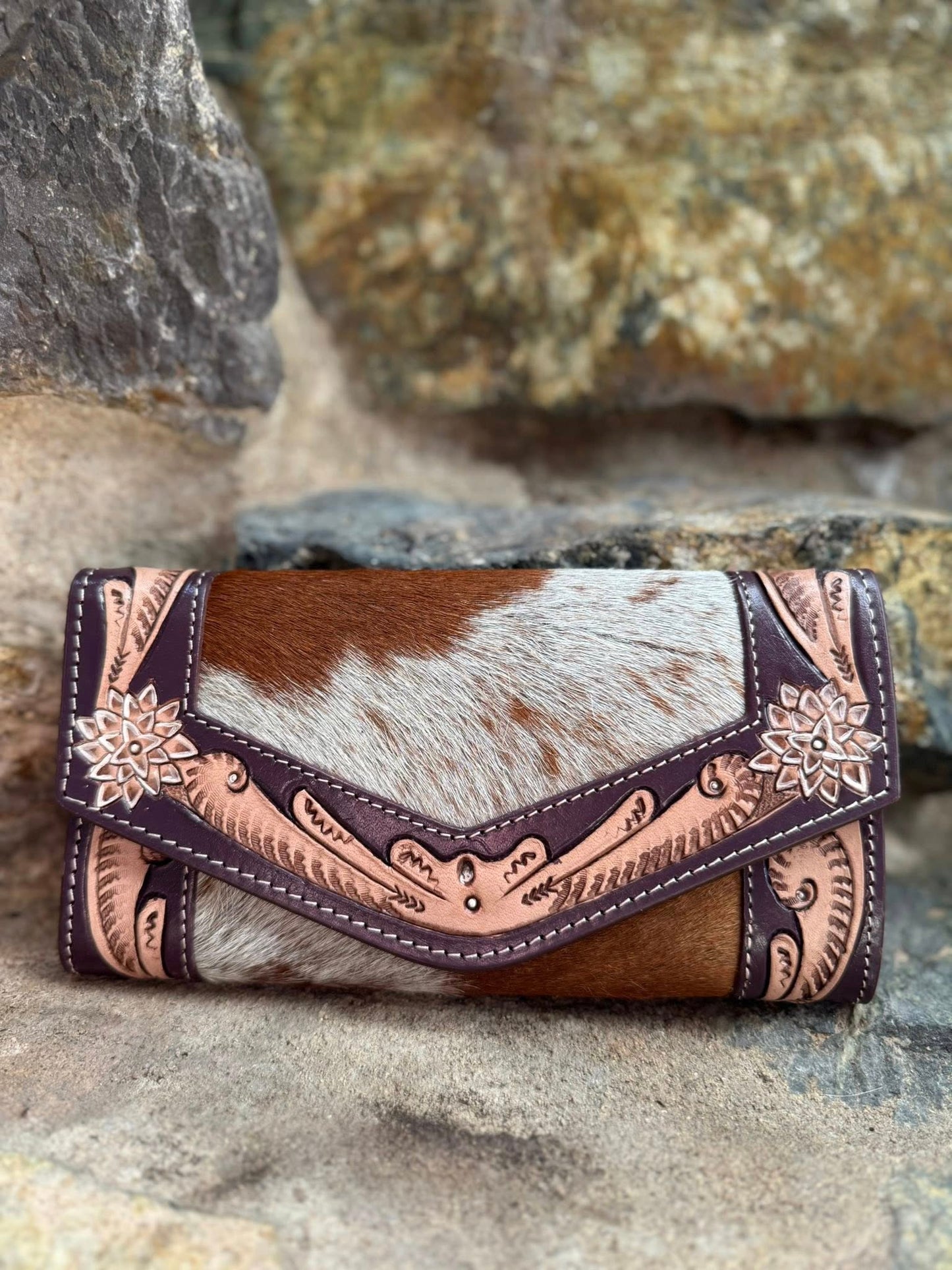 Tooled Brown & White Cowhide Leather Purse