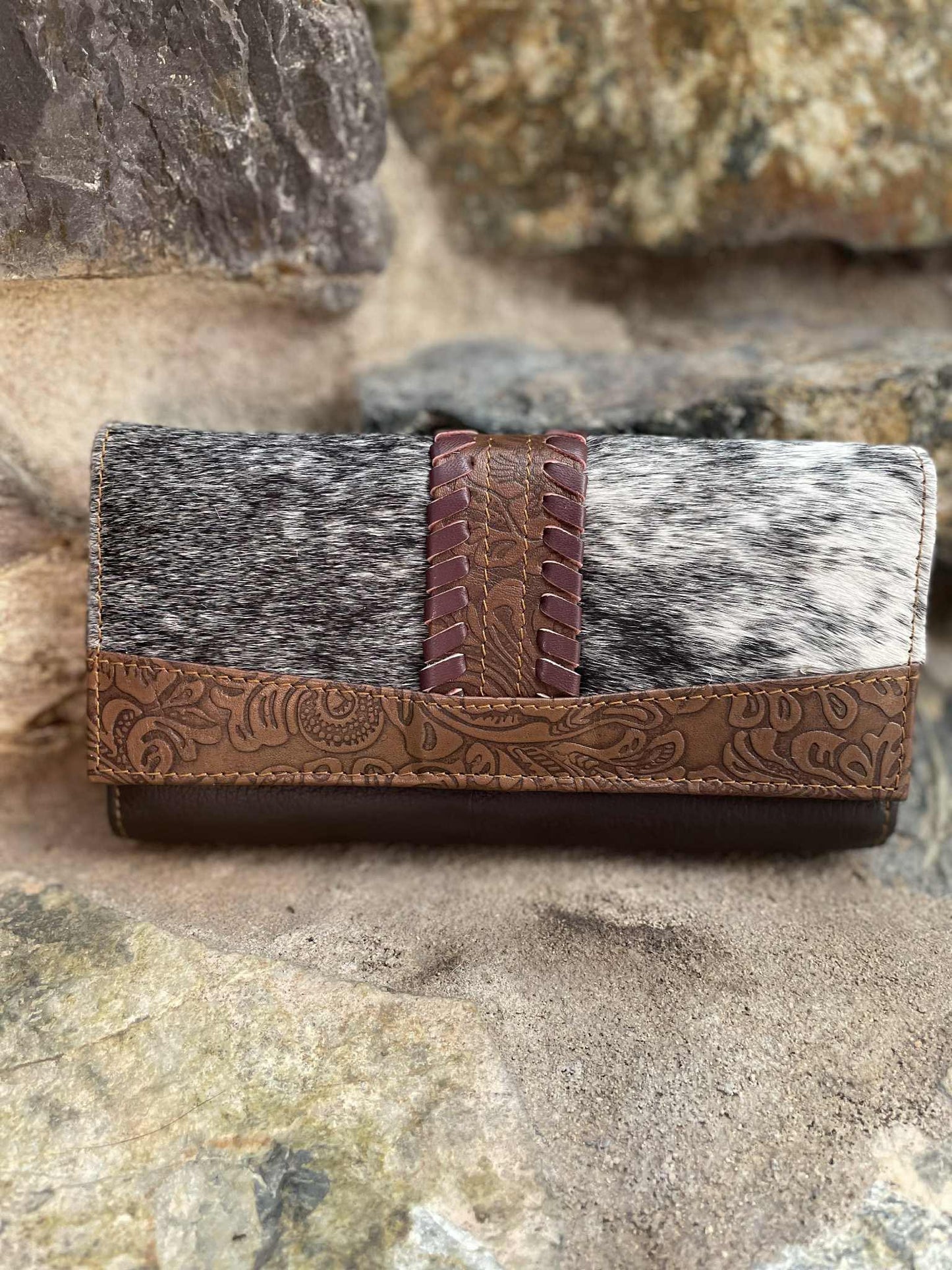 Tooled T Leather and Cowhide Purse
