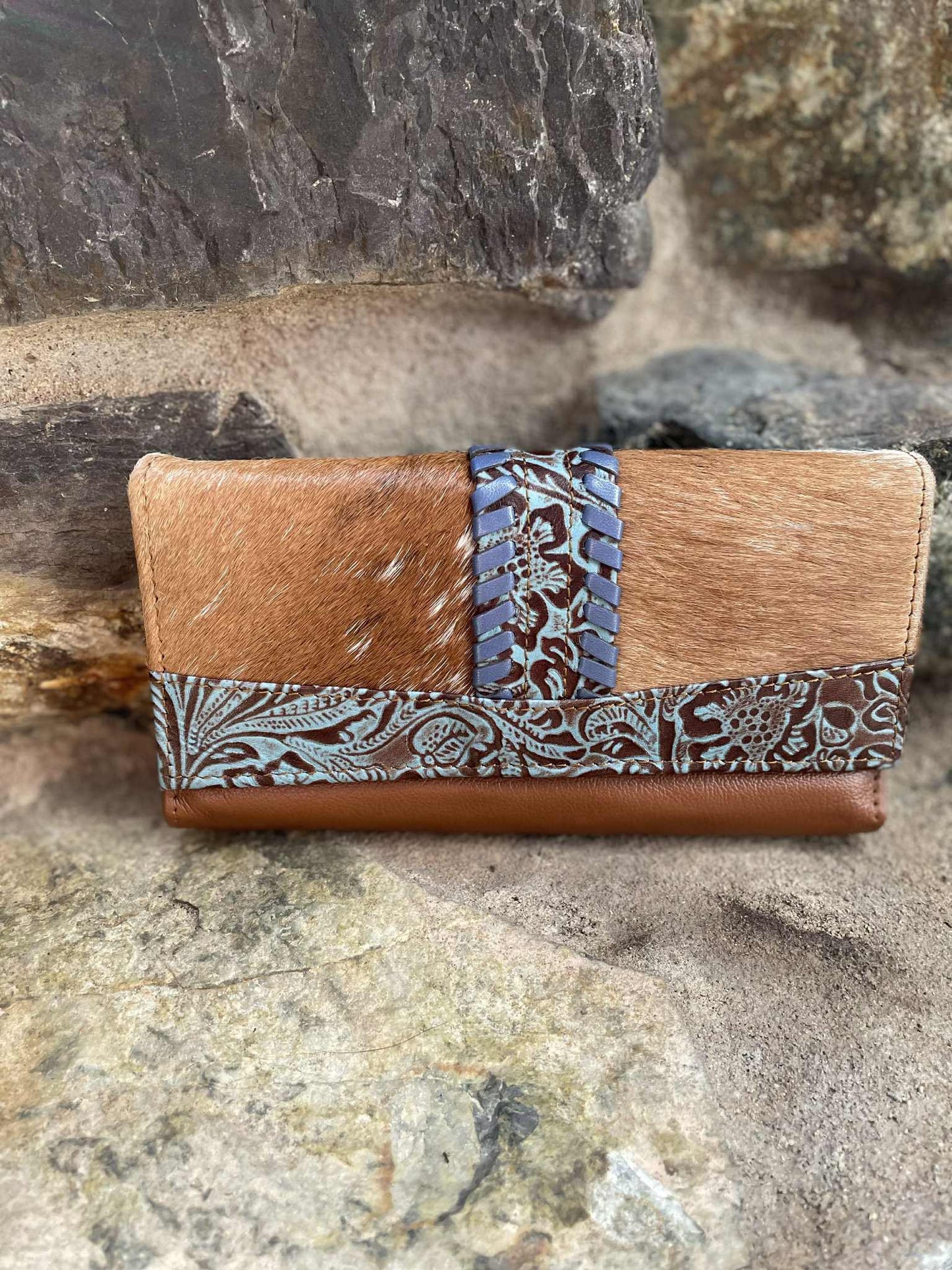 Tooled T Leather and Cowhide Purse