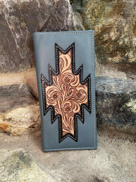 Geometric Tooled Grey Leather Purse