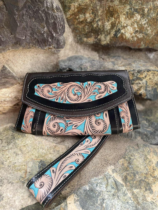 Turquoise Tooled Leather Clutch with Wrist Strap