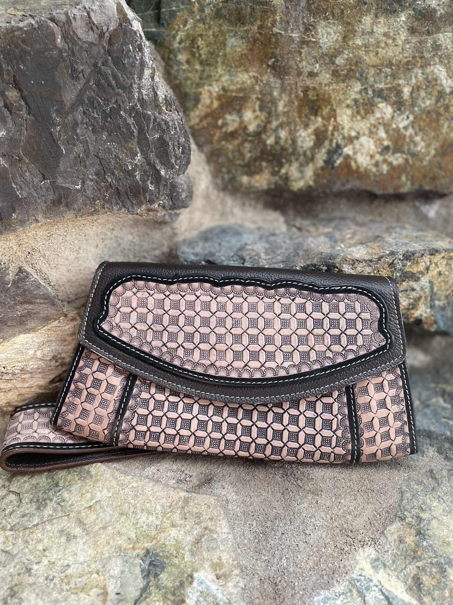 Tooled Leather Clutch with Wrist Strap