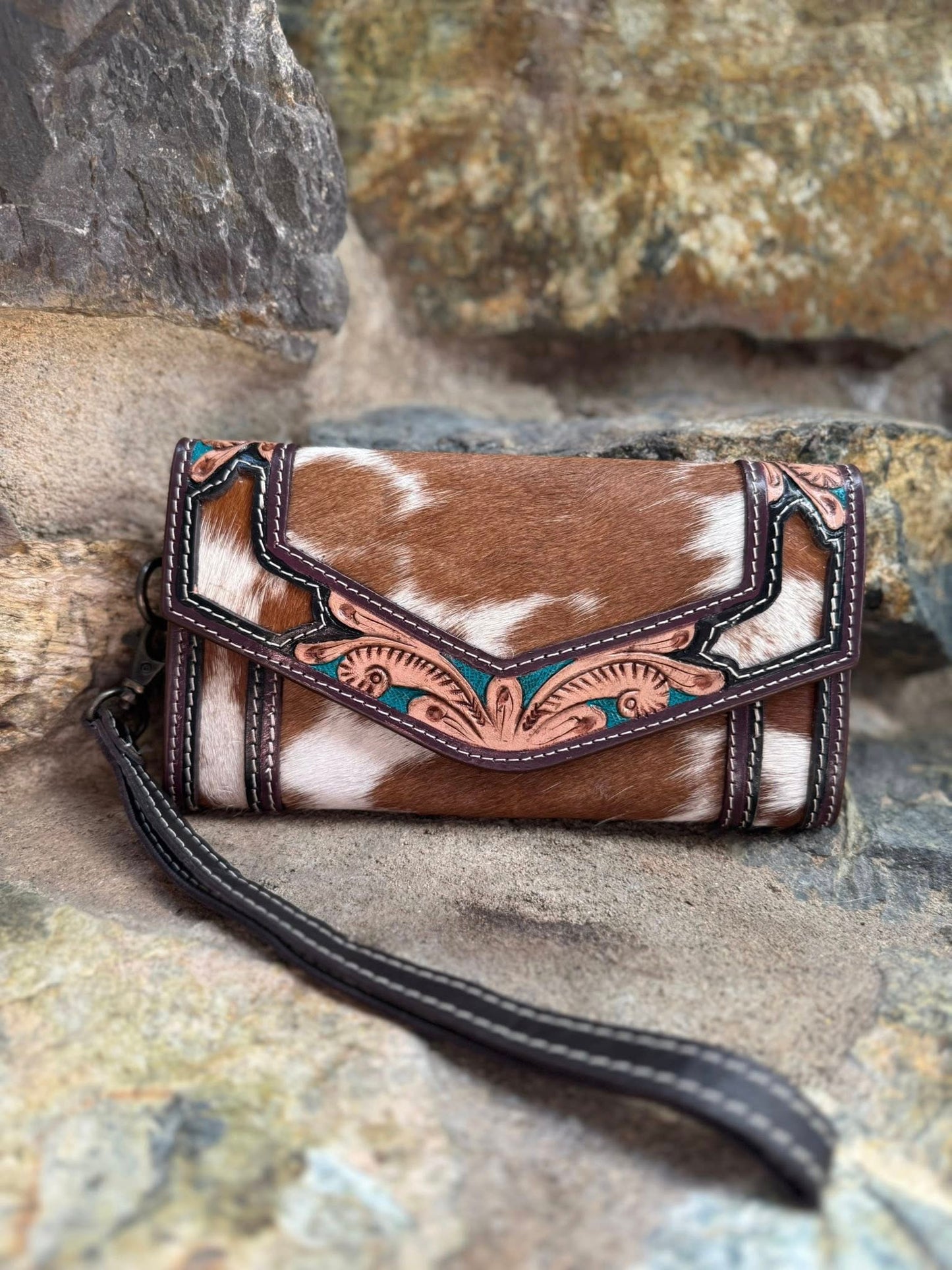 Brown & White Tooled Cowhide Leather Clutch with Wrist Strap