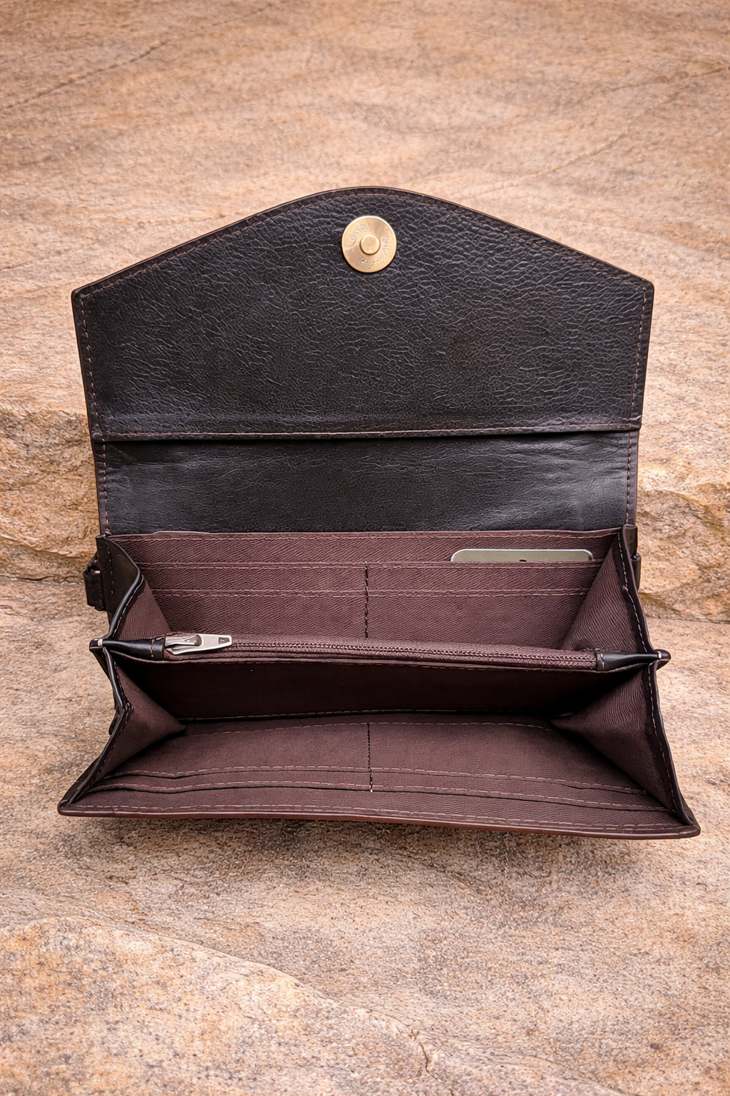 Brown & White Tooled Cowhide Leather Clutch with Wrist Strap