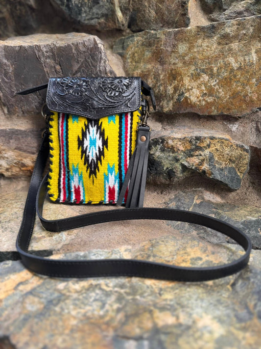 Aztec Saddle Blanket Hand Bag with Tooling Small Black and Yellow