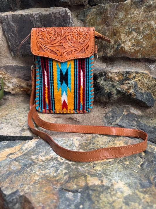 Aztec Saddle Blanket Hand Bag with Tooling Small Tan and Blue