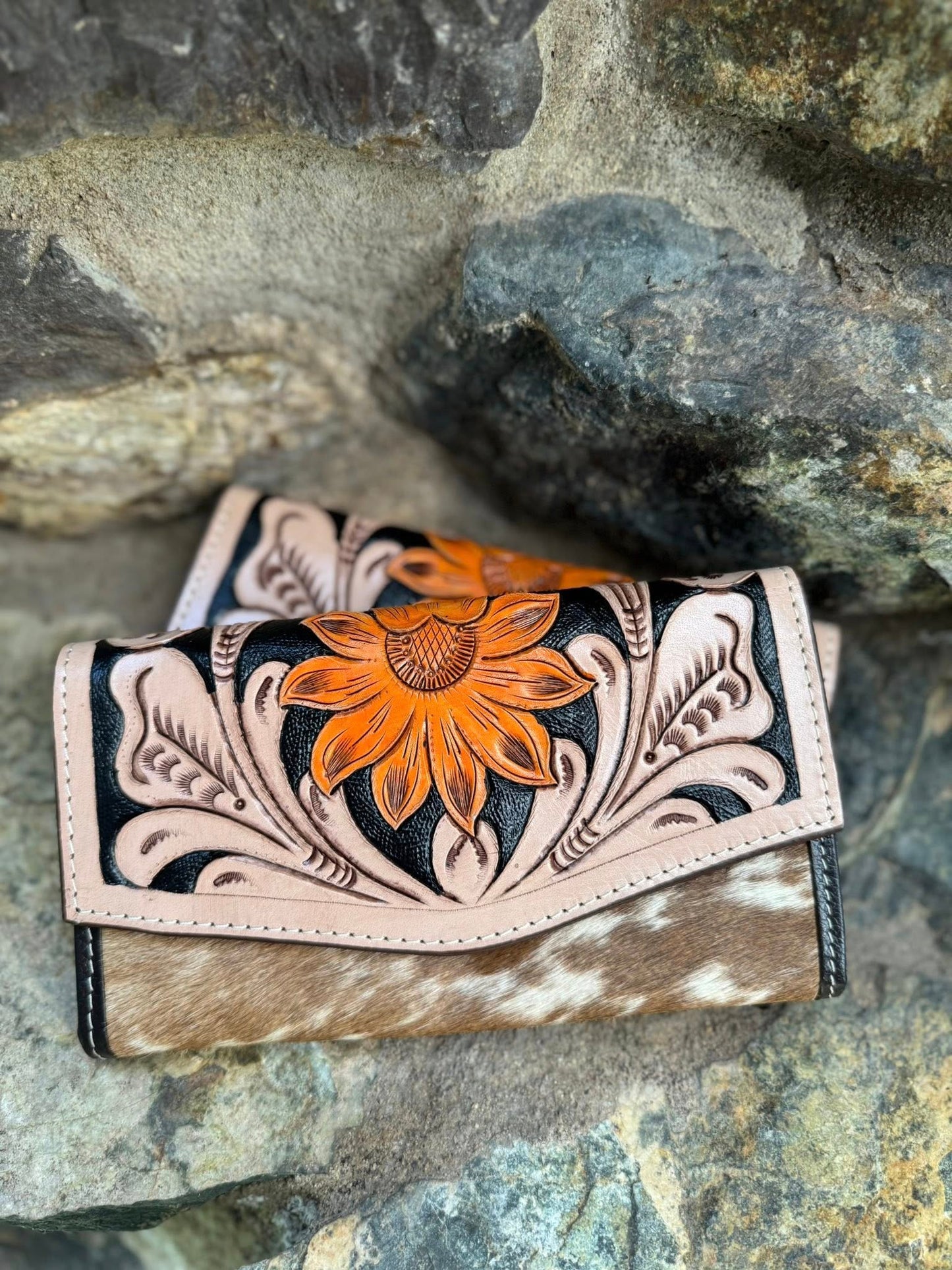 Sunflower Tooled & Cowhide Leather Clutch