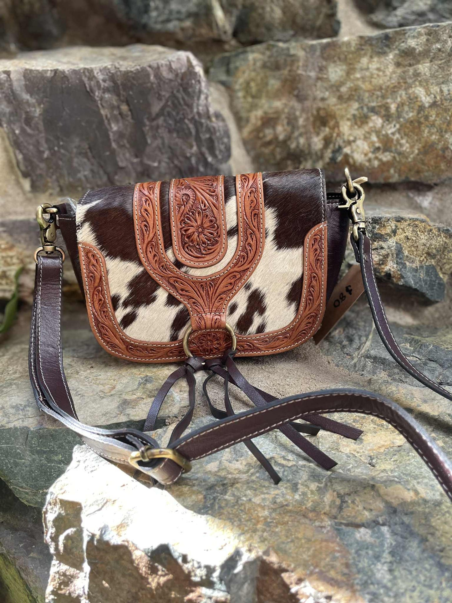 Small Brown & White Cowhide and Tooled Leather Bag