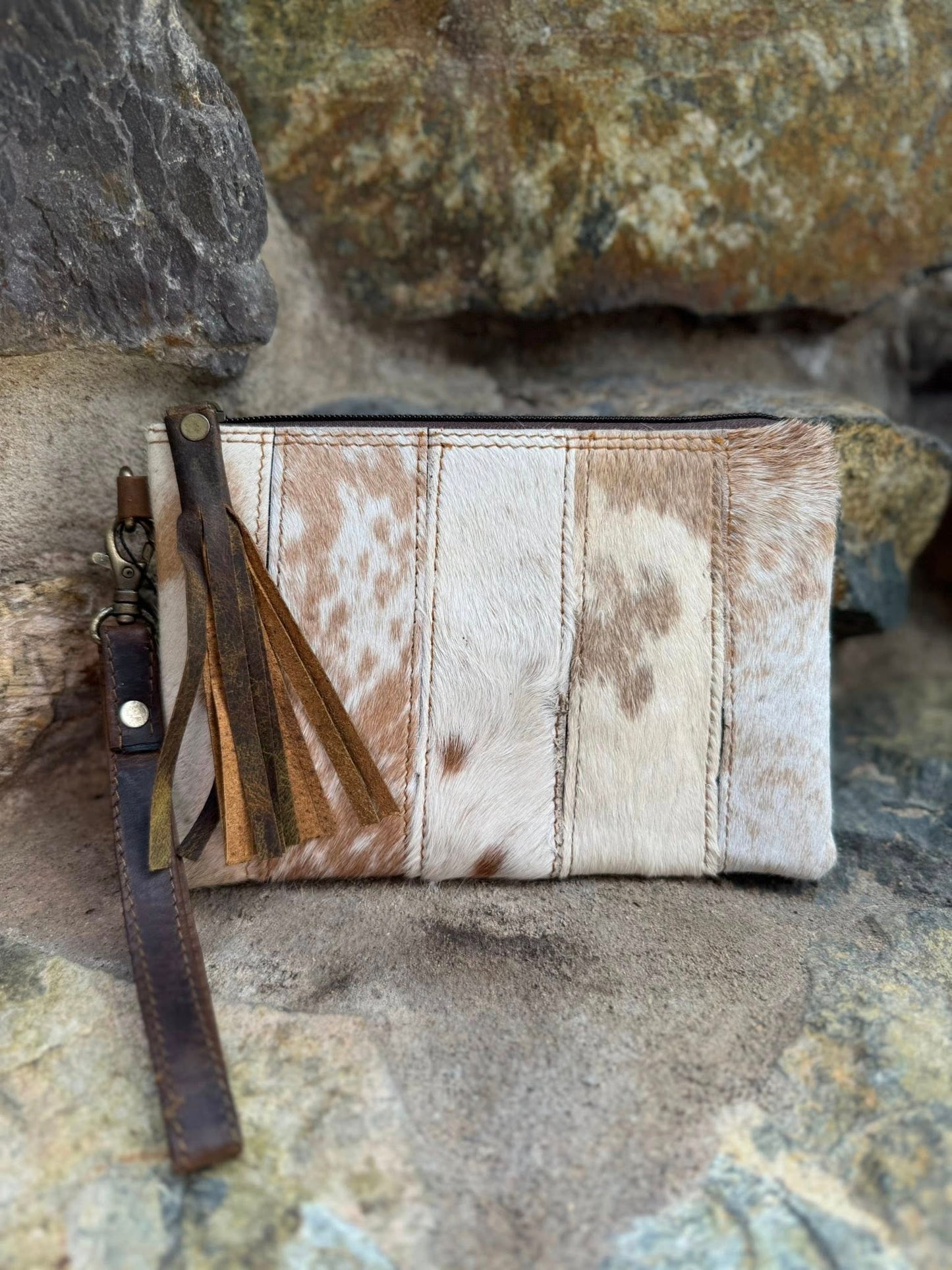 Cowhide Leather Satchel Clutch with Wrist Strap