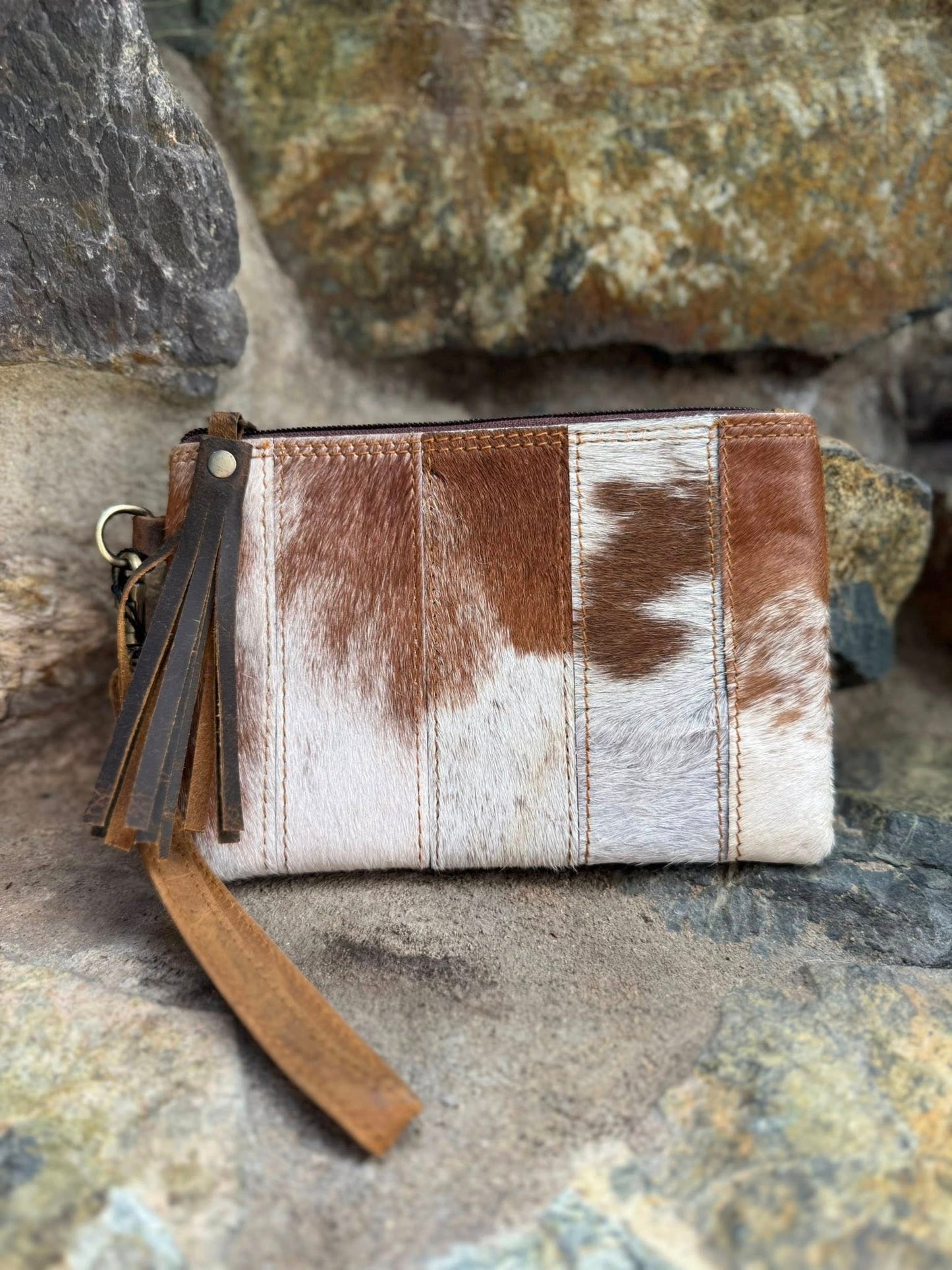 Cowhide Leather Satchel Clutch with Wrist Strap