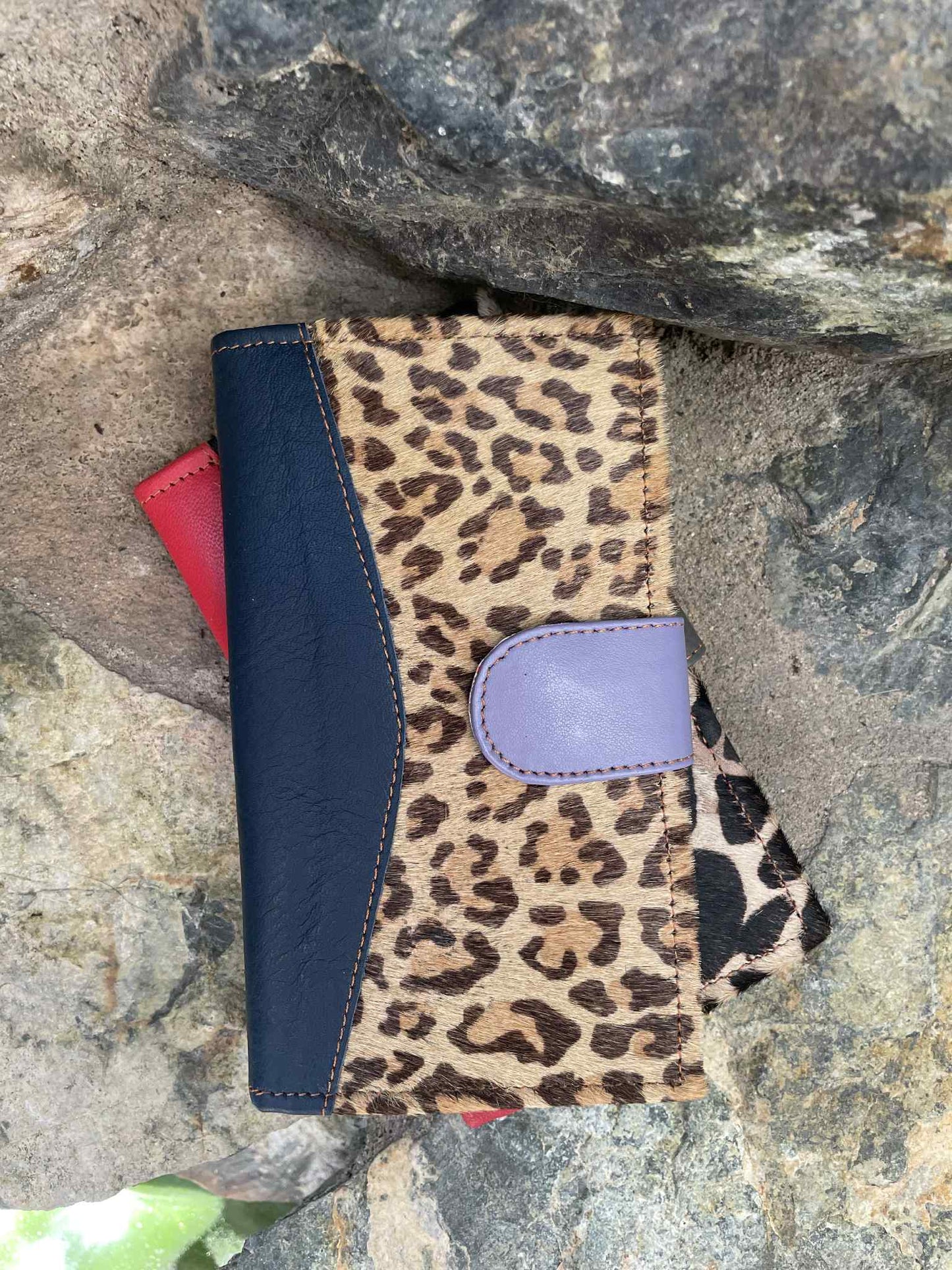 Animal Print Cowhide and Leather Clutch Brown and Blue