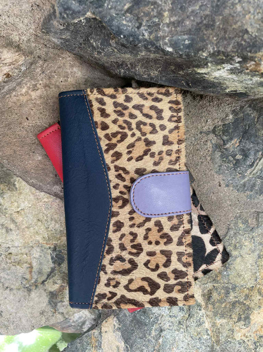 Animal Print Cowhide and Leather Clutch Brown and Blue