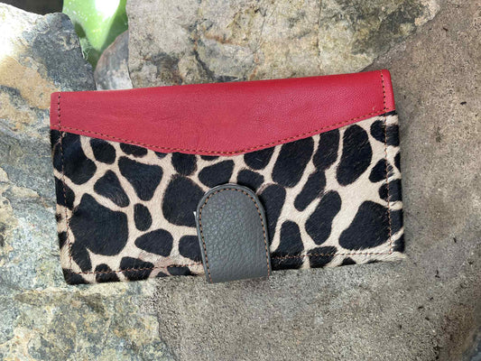 Animal Print Cowhide and Leather Clutch Black and Red