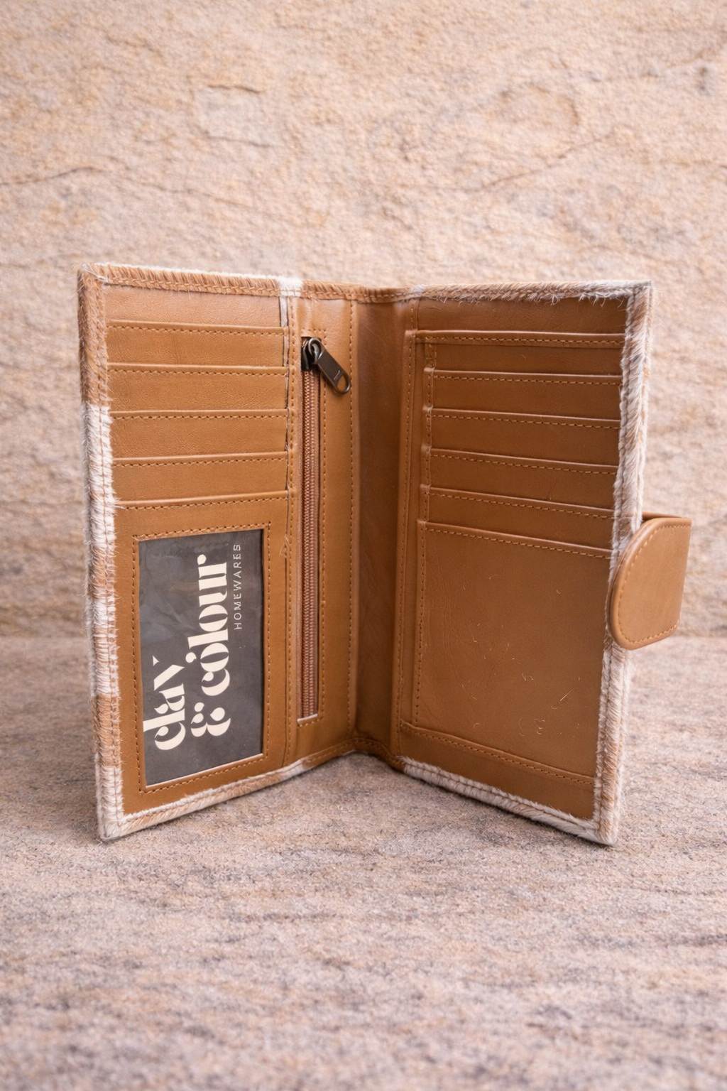 Cowhide and Leather Clutch Tan & White