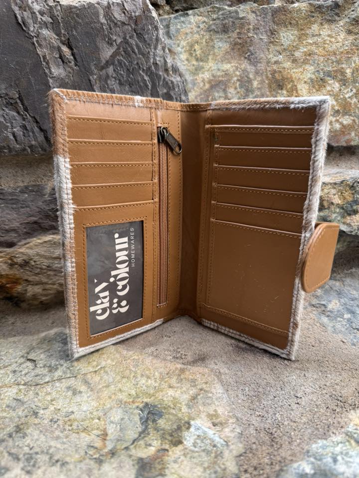 Cowhide and Leather Clutch Tan & White