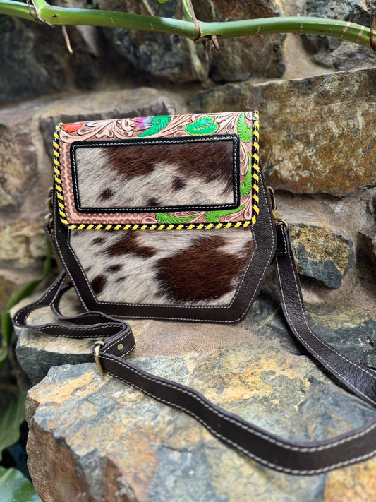 Medium Geometric Brown & White Cowhide and Tooled Leather Hand Bag