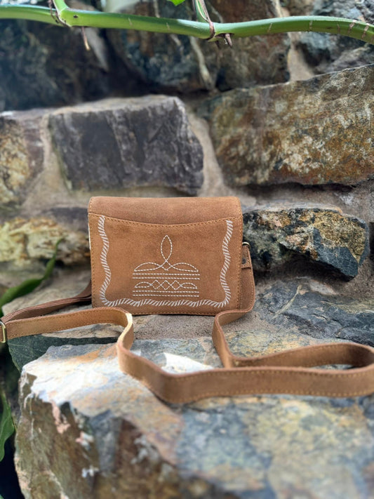 Small Boot Stitch Tan Leather Bag with tassels