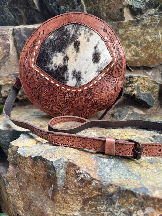 Medium Round Black and White Cowhide Tooled Leather Hand Bag