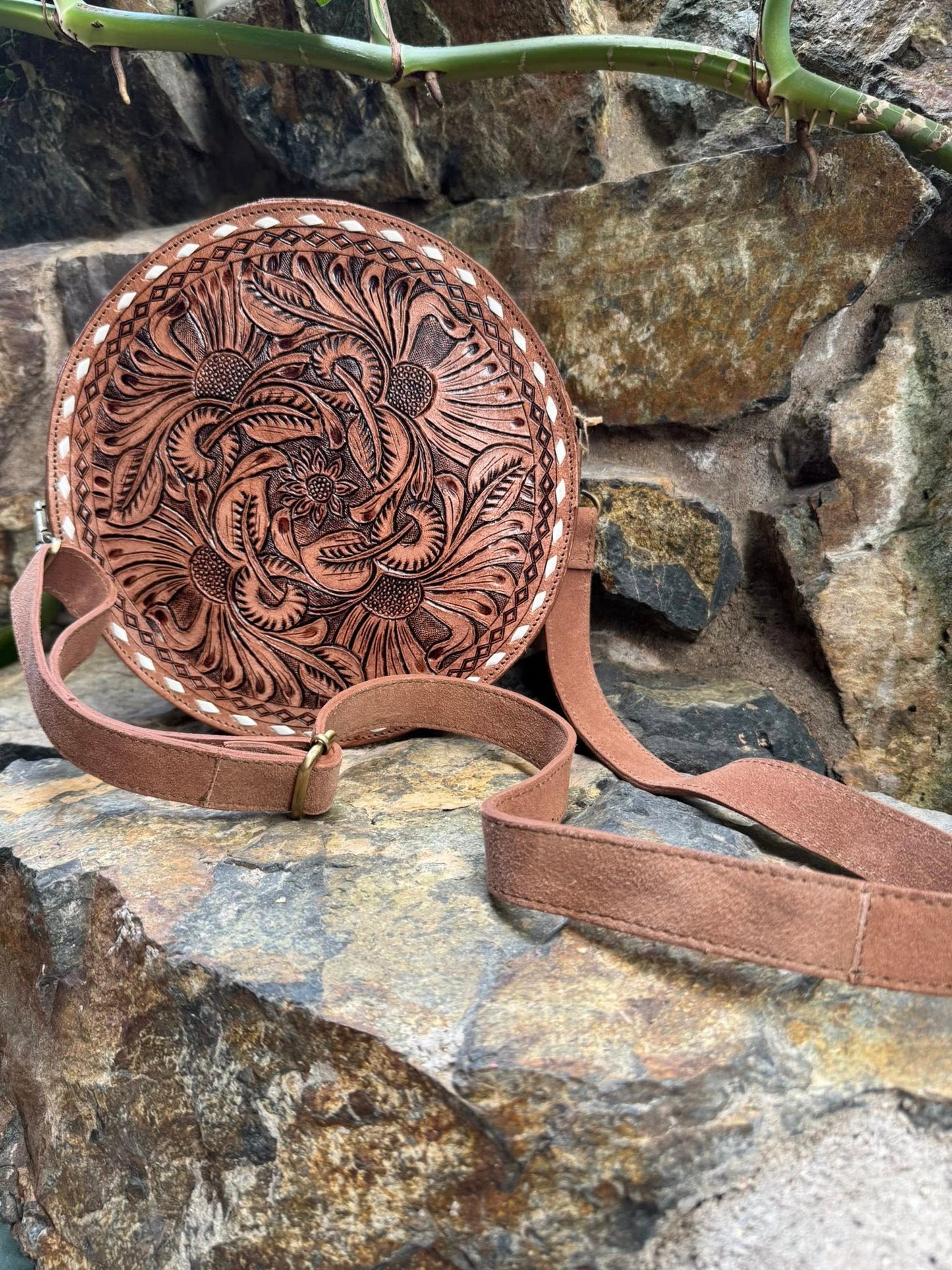 Medium Round Black and White Cowhide Tooled Leather Hand Bag