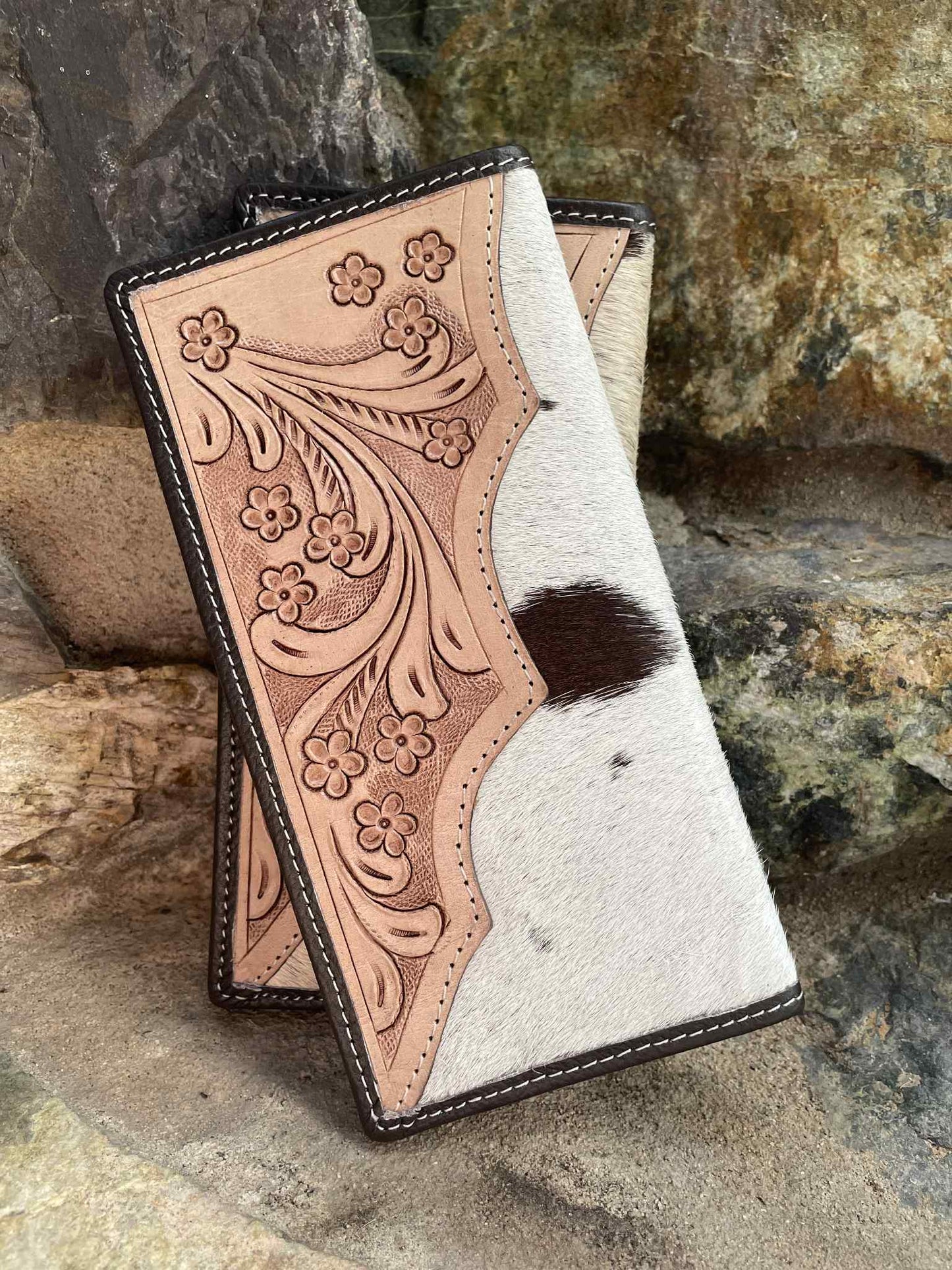 Tooled Wing Leather and Cowhide Wallet
