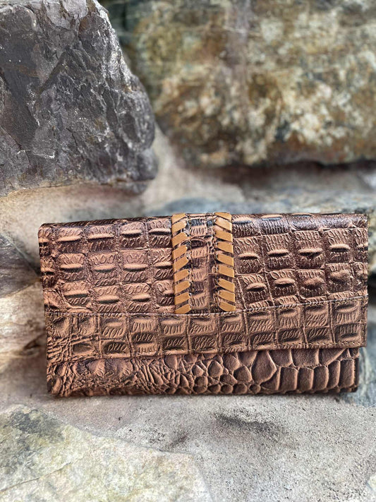 Crocodile Print Leather T Purse Brown